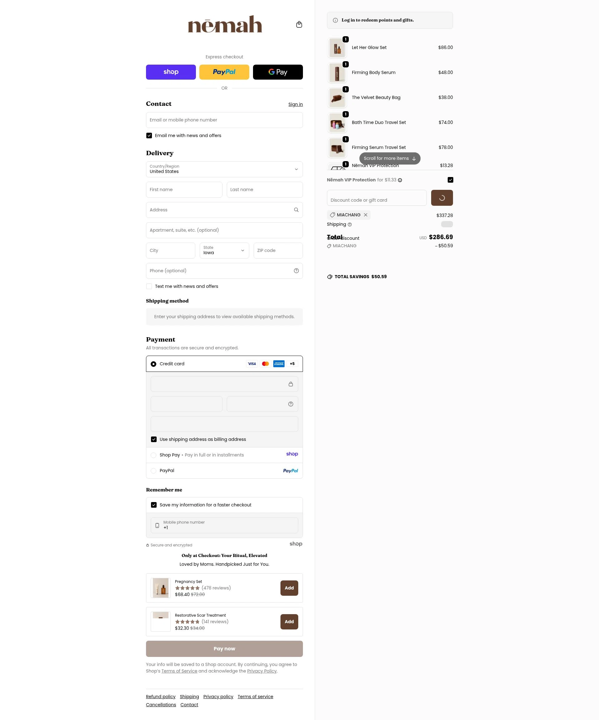 Nēmah checkout page showing Nēmah promo code box | Screenshot taken by SimplyCodes community member on Dec 27, 2025