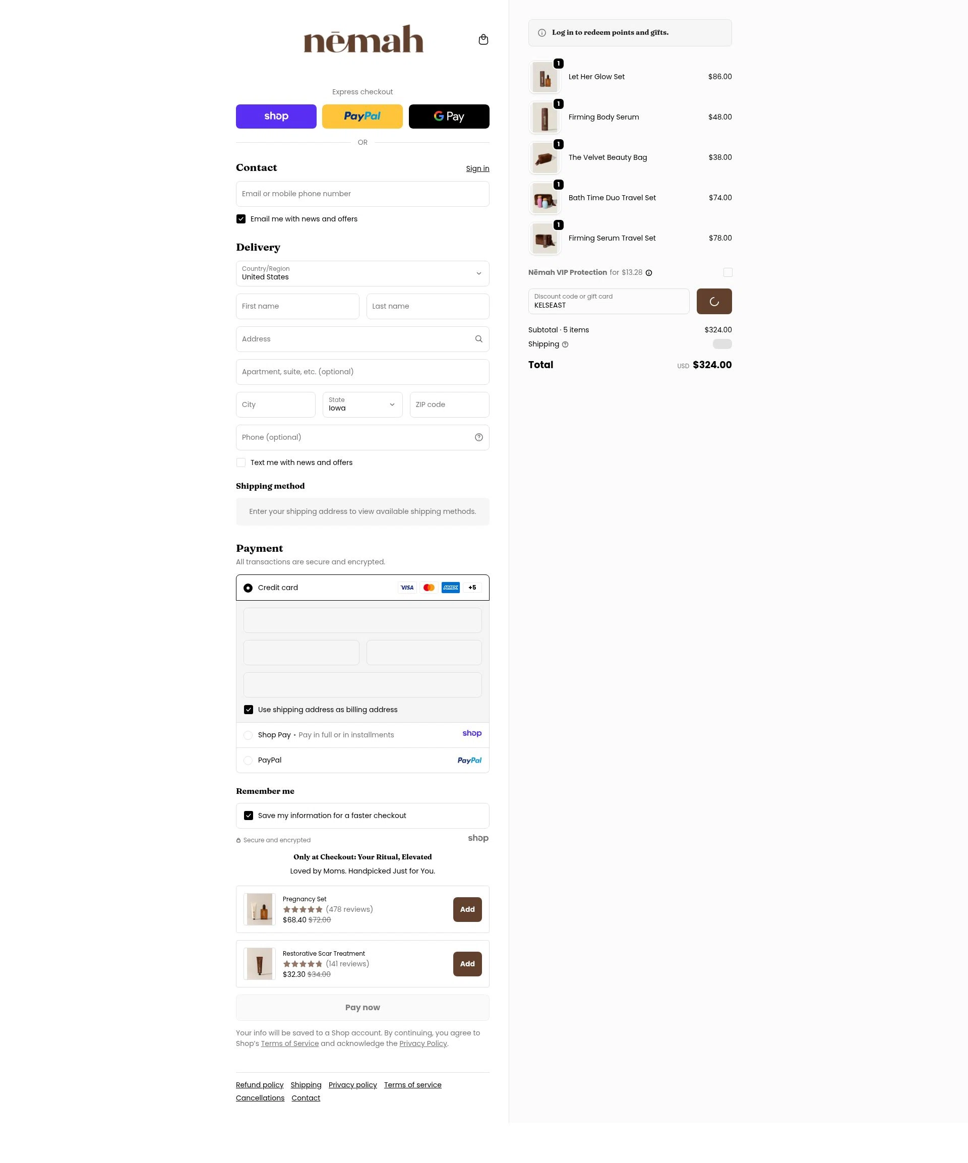 Nēmah checkout page showing Nēmah promo code box | Screenshot taken by SimplyCodes community member on Dec 27, 2025