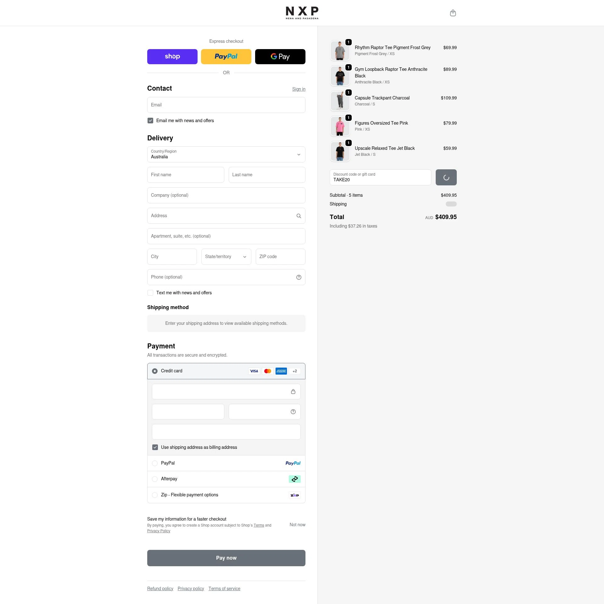 Nena & Pasadena checkout page showing Nena & Pasadena promo code box | Screenshot taken by SimplyCodes community member on Feb 16, 2026