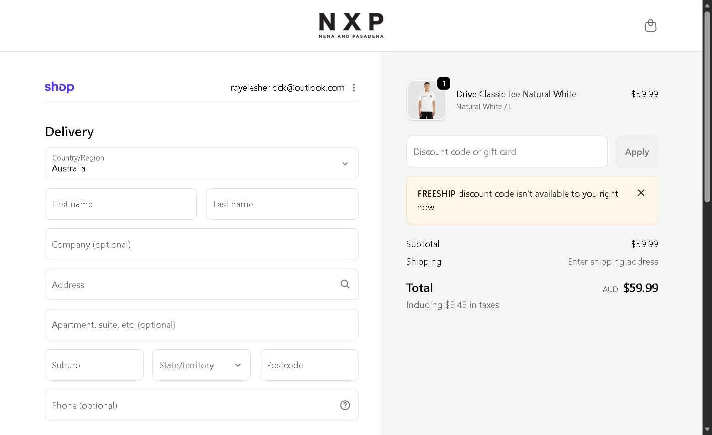 Nena & Pasadena checkout page showing Nena & Pasadena promo code box | Screenshot taken by SimplyCodes community member on Feb 16, 2026