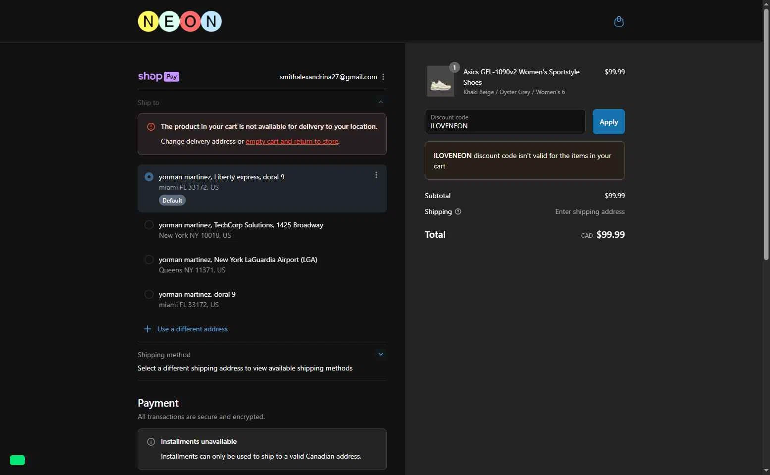 Neon Clothing checkout page showing Neon Clothing promo code box | Screenshot taken by SimplyCodes community member on Aug 3, 2025