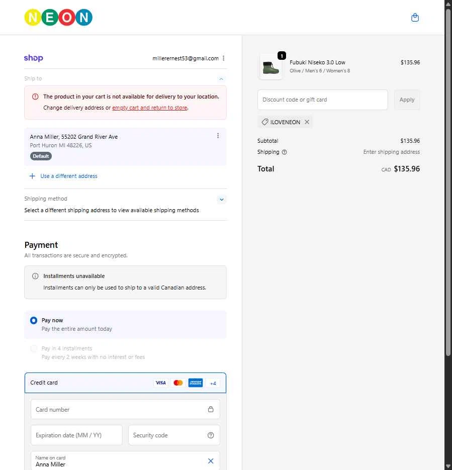 Neon Clothing checkout page showing Neon Clothing promo code box | Screenshot taken by SimplyCodes community member on Dec 9, 2025
