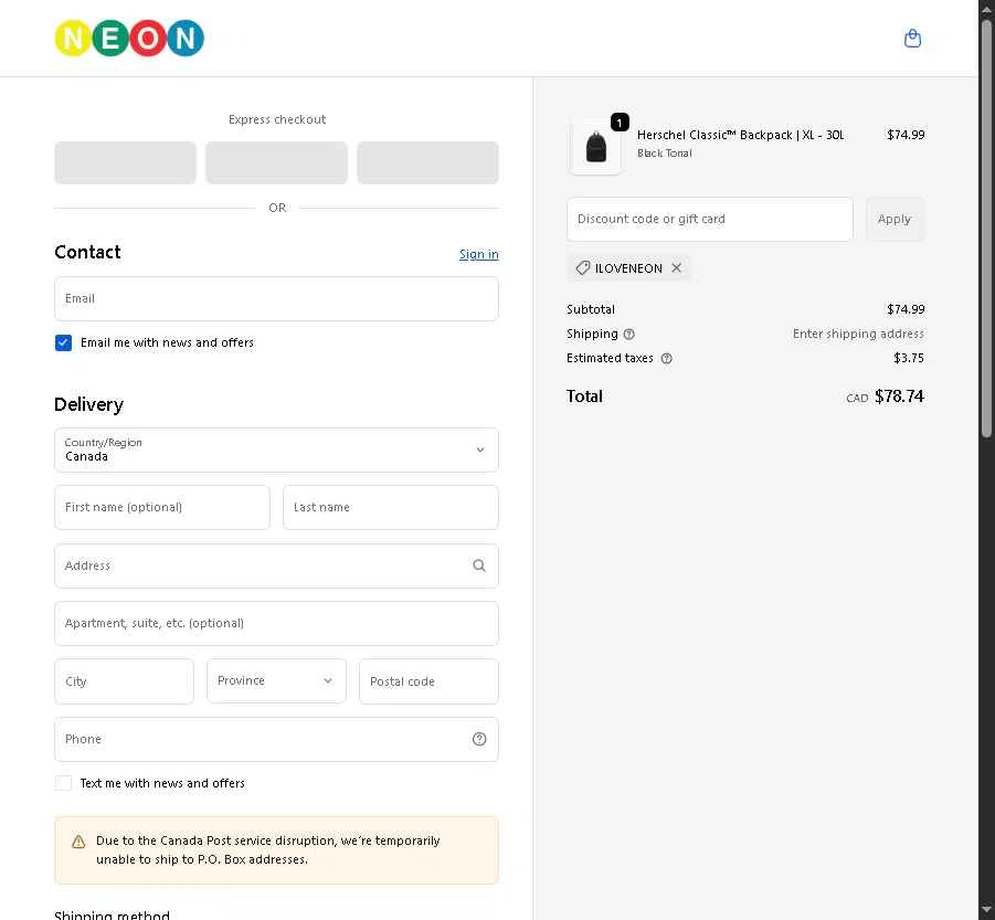Neon Clothing checkout page showing Neon Clothing promo code box | Screenshot taken by SimplyCodes community member on Nov 11, 2025