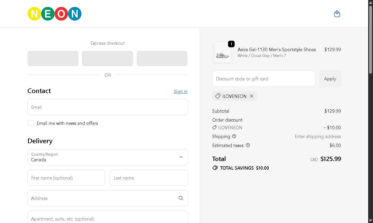 Neon Clothing checkout page showing Neon Clothing promo code box | Screenshot taken by SimplyCodes community member on Oct 13, 2025