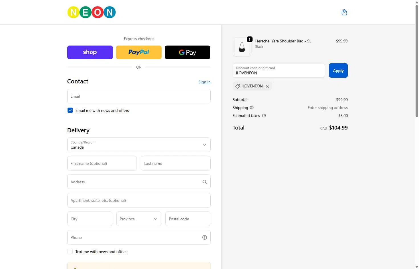 Neon Clothing checkout page showing Neon Clothing promo code box | Screenshot taken by SimplyCodes community member on Nov 11, 2025