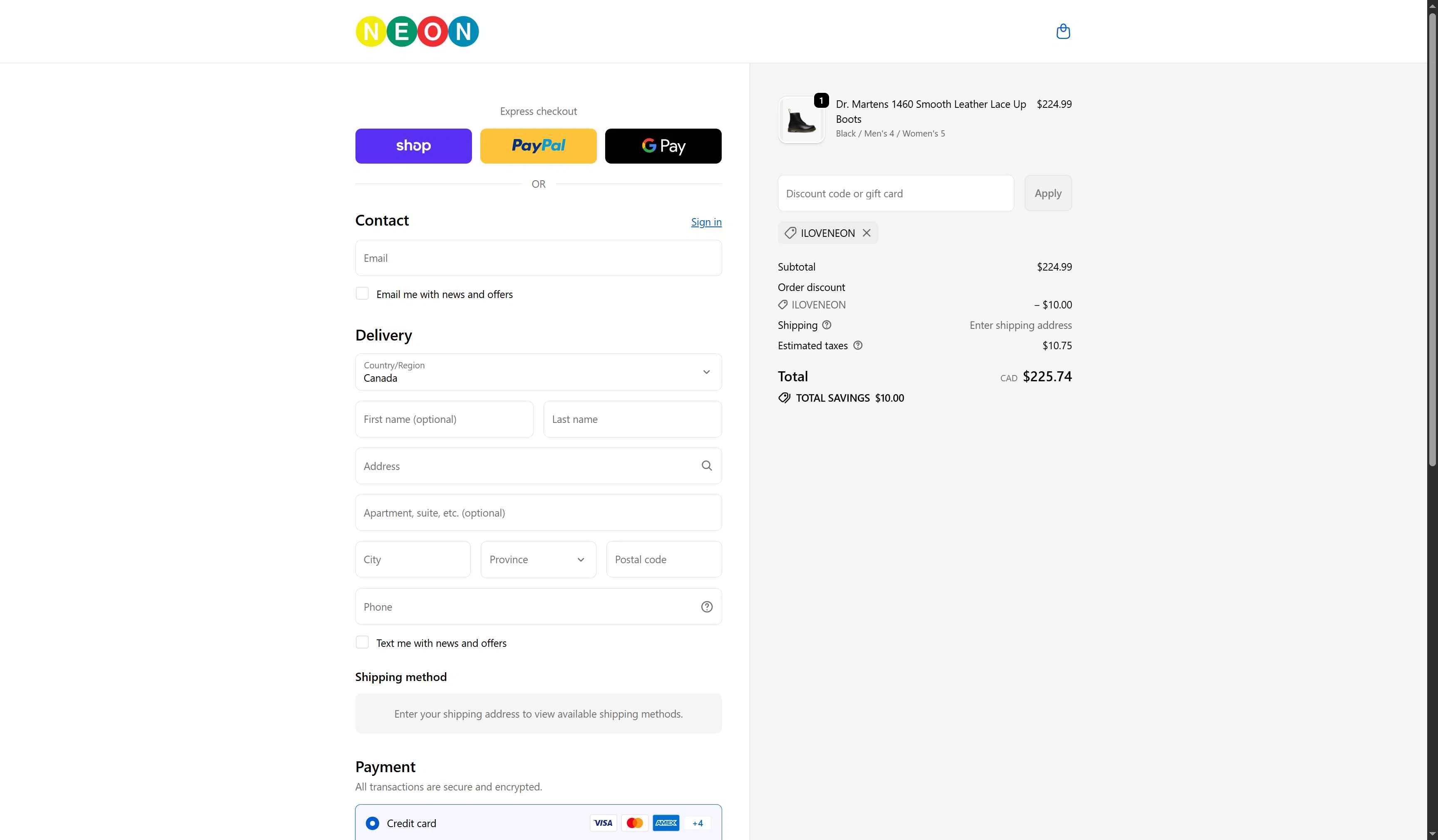 Neon Clothing checkout page showing Neon Clothing promo code box | Screenshot taken by SimplyCodes community member on Jan 8, 2026