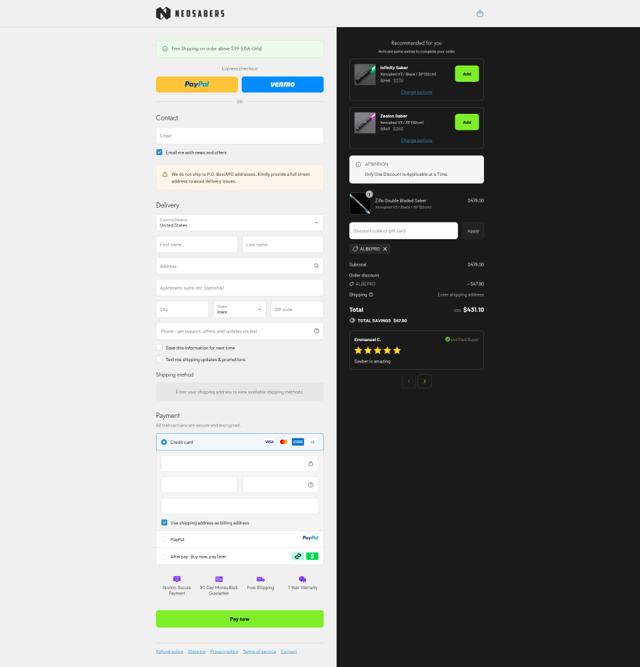 NEO Sabers checkout page showing NEO Sabers discount code box | Screenshot taken by SimplyCodes community member on Sep 16, 2025