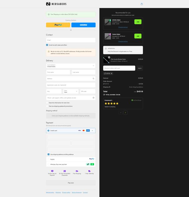 NEO Sabers checkout page showing NEO Sabers discount code box | Screenshot taken by SimplyCodes community member on Sep 16, 2025