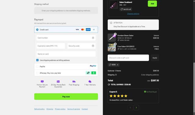 NEO Sabers checkout page showing NEO Sabers discount code box | Screenshot taken by SimplyCodes community member on Sep 16, 2025