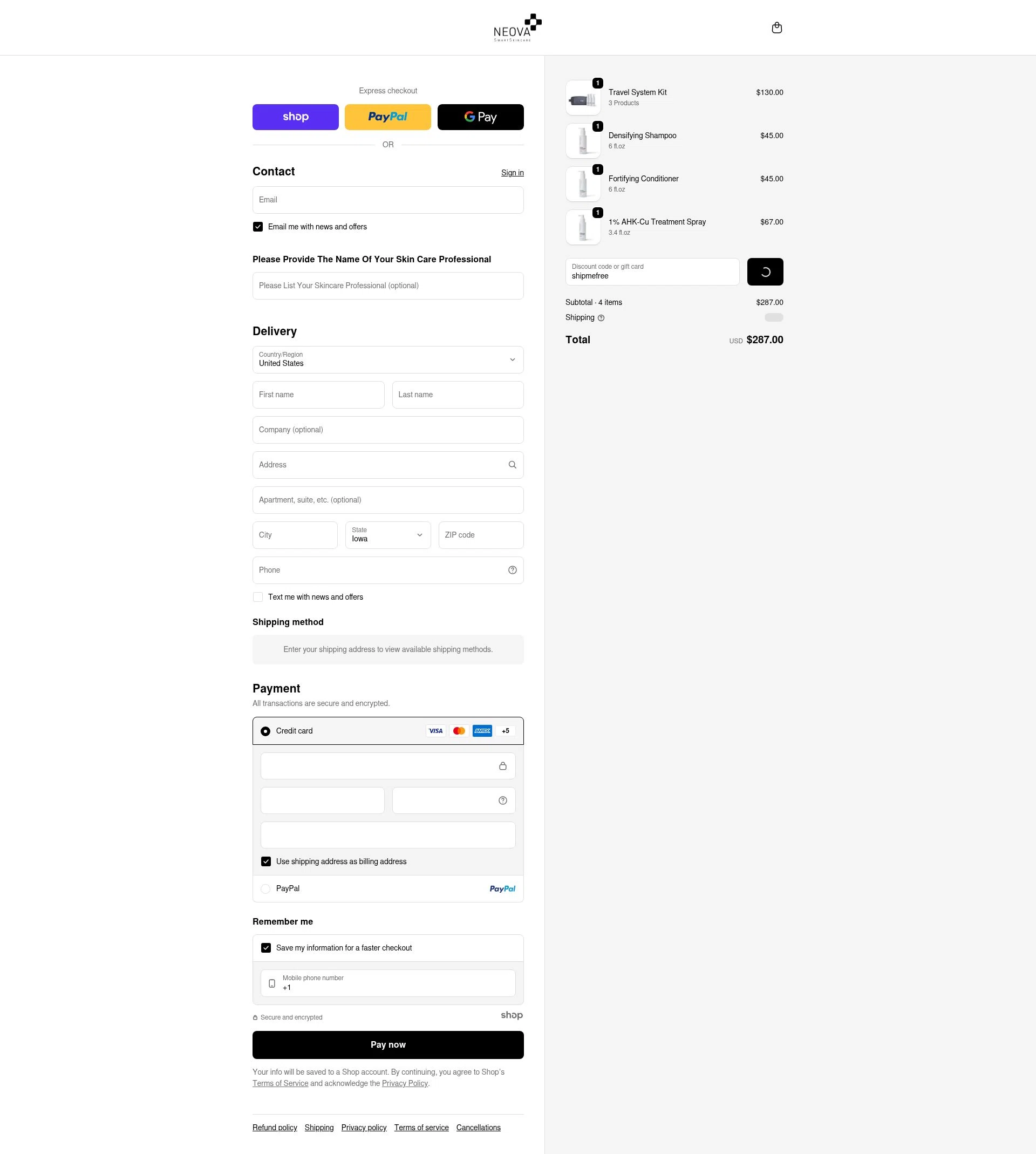 Neova checkout page showing Neova discount code box | Screenshot taken by SimplyCodes community member on Jan 7, 2026