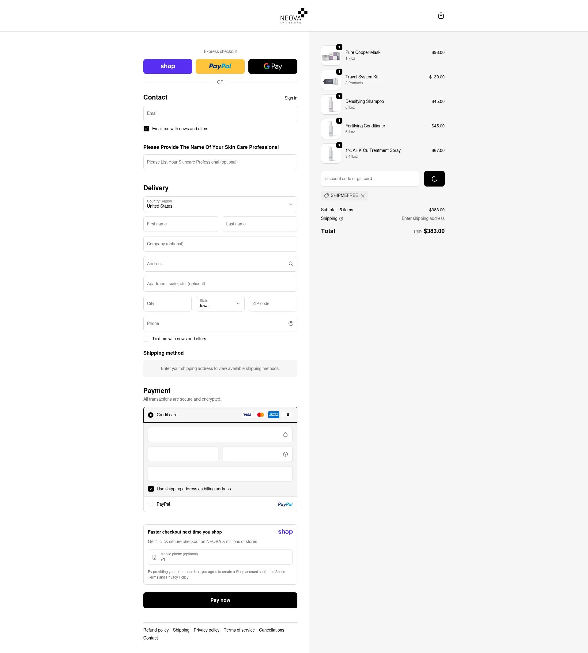 Neova checkout page showing Neova discount code box | Screenshot taken by SimplyCodes community member on Jan 17, 2026