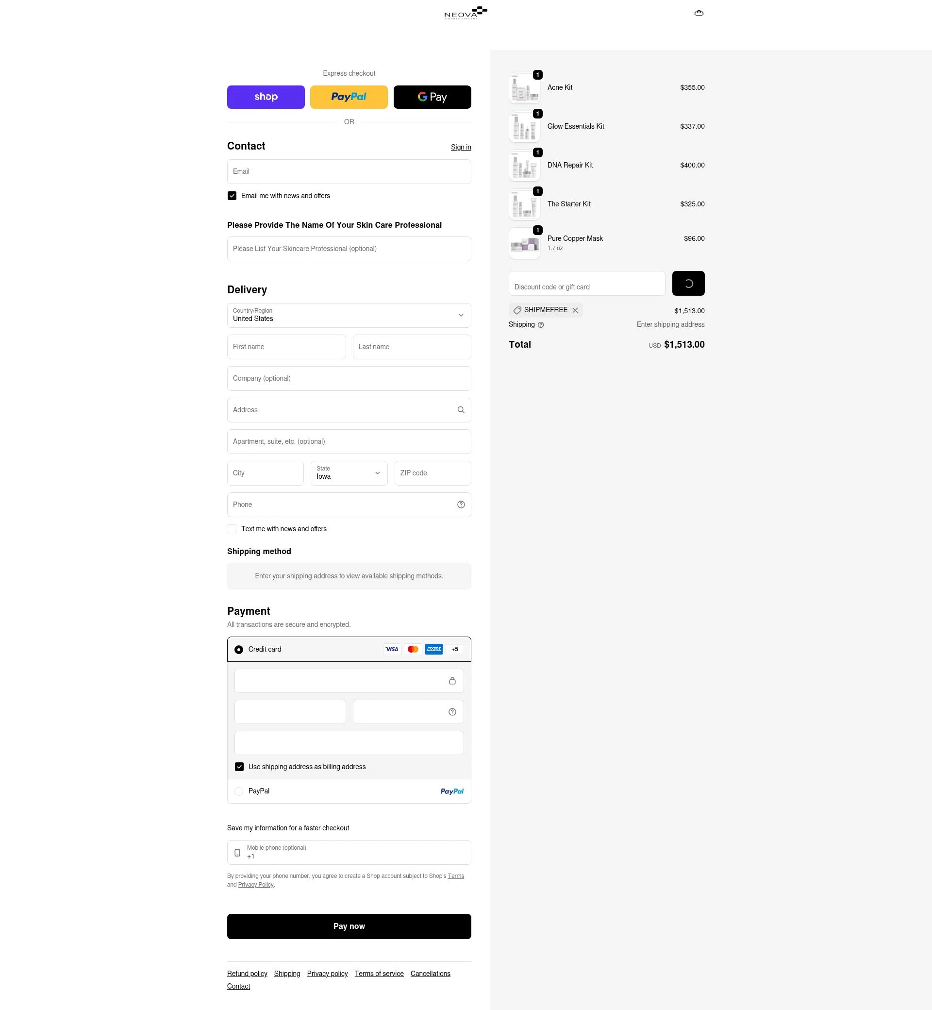 Neova checkout page showing Neova discount code box | Screenshot taken by SimplyCodes community member on Feb 9, 2026