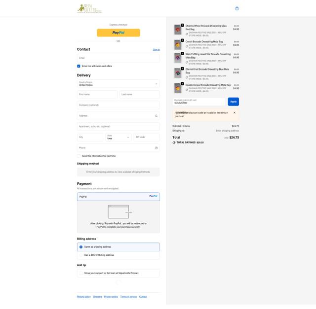 NepaCrafts checkout page showing NepaCrafts promo code box | Screenshot taken by SimplyCodes community member on Oct 2, 2025