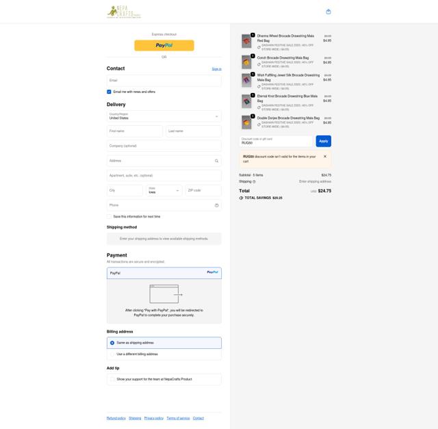 NepaCrafts checkout page showing NepaCrafts promo code box | Screenshot taken by SimplyCodes community member on Oct 2, 2025