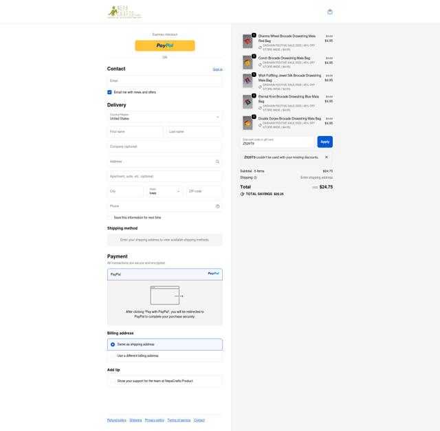 NepaCrafts checkout page showing NepaCrafts promo code box | Screenshot taken by SimplyCodes community member on Oct 2, 2025