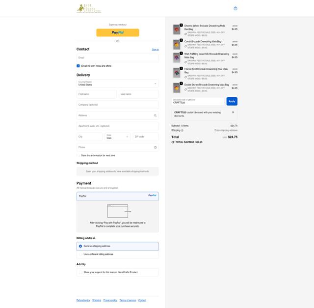 NepaCrafts checkout page showing NepaCrafts promo code box | Screenshot taken by SimplyCodes community member on Oct 2, 2025
