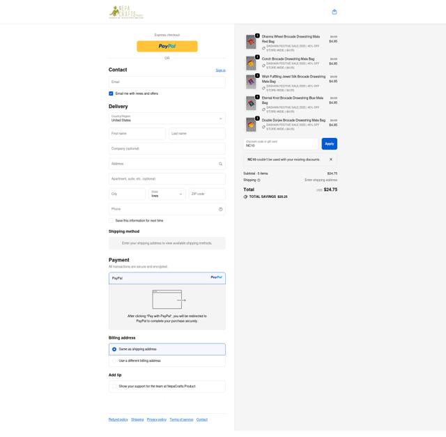 NepaCrafts checkout page showing NepaCrafts promo code box | Screenshot taken by SimplyCodes community member on Oct 2, 2025
