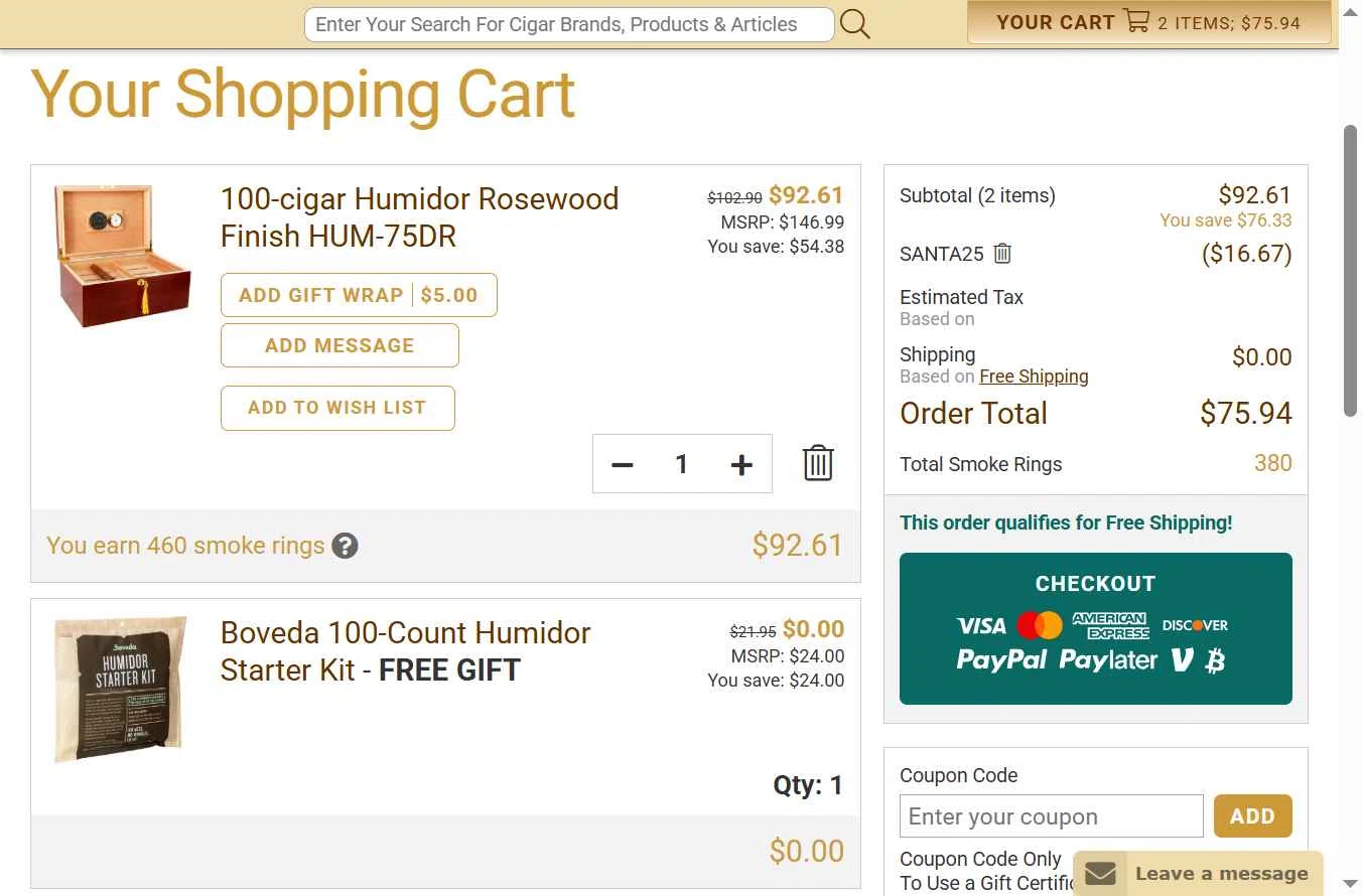 Neptune Cigars checkout page showing Neptune Cigars coupon code box | Screenshot taken by SimplyCodes community member on Dec 22, 2025