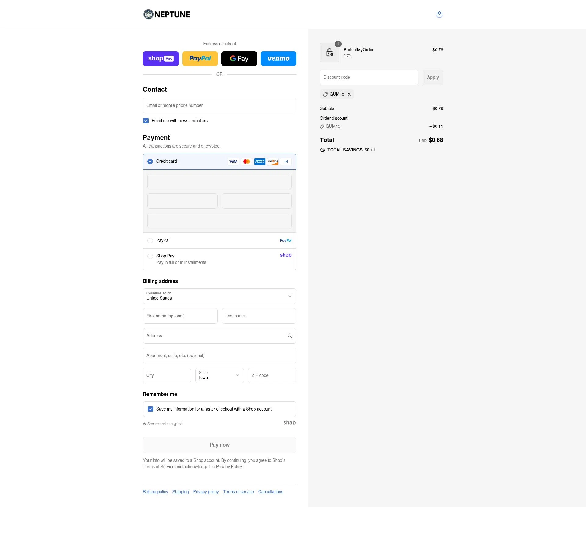 Neptune Gum checkout page showing Neptune Gum discount code box | Screenshot taken by SimplyCodes community member on Aug 17, 2025