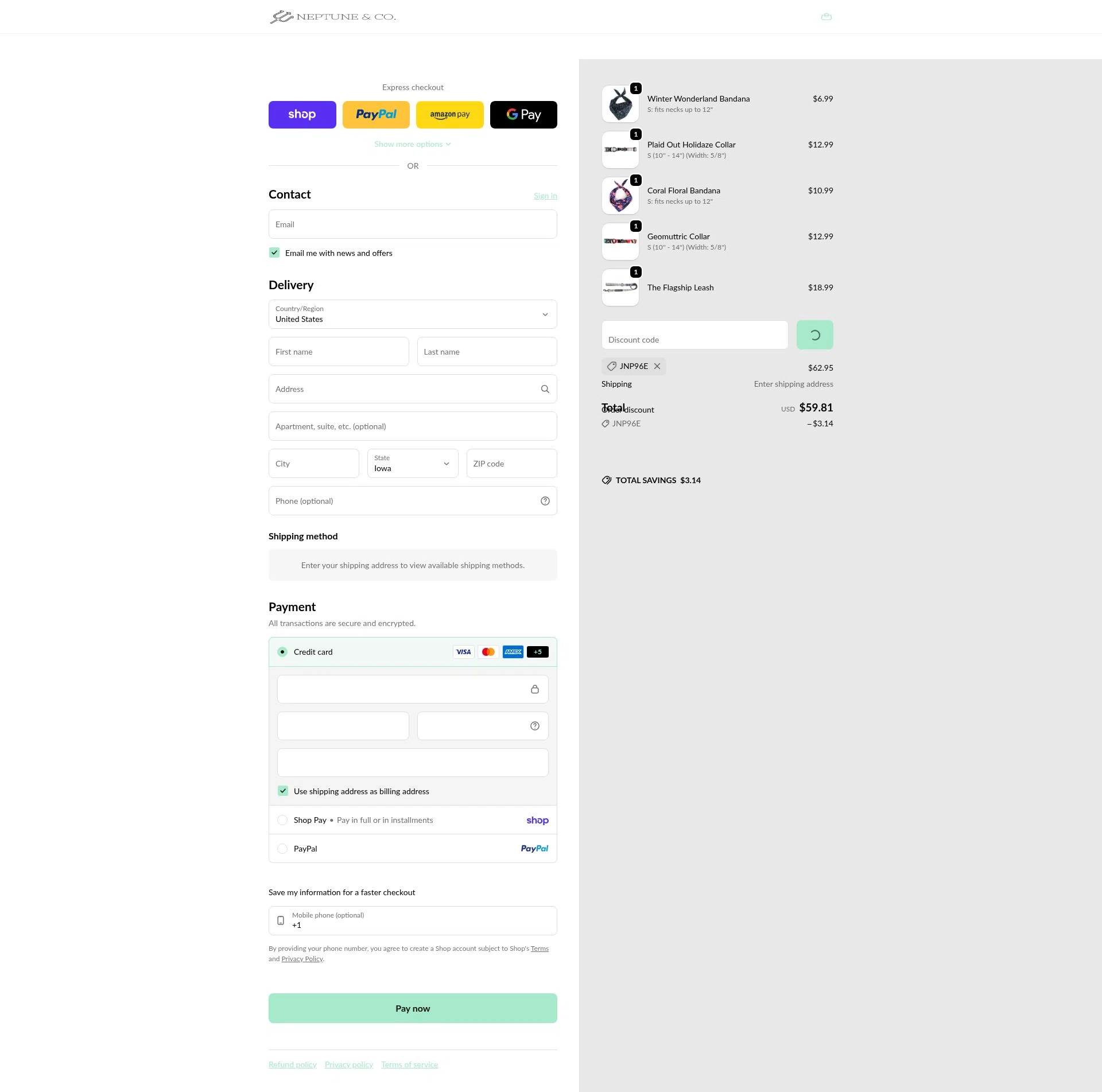 Neptune & Co checkout page showing Neptune & Co promo code box | Screenshot taken by SimplyCodes community member on Feb 3, 2026