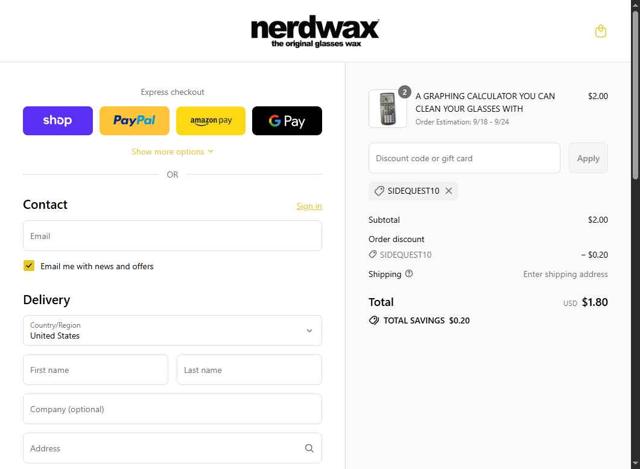 Nerdwax checkout page showing Nerdwax discount code box | Screenshot taken by SimplyCodes community member on Sep 10, 2025