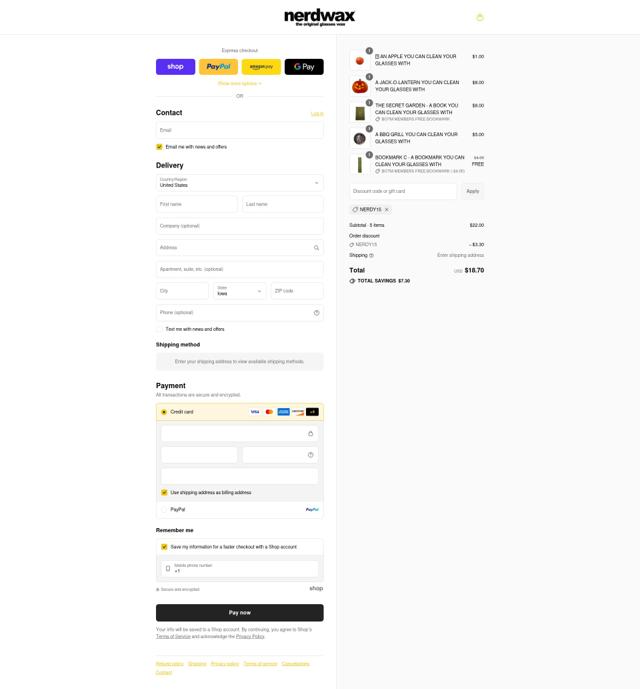Nerdwax checkout page showing Nerdwax discount code box | Screenshot taken by SimplyCodes community member on Sep 6, 2025