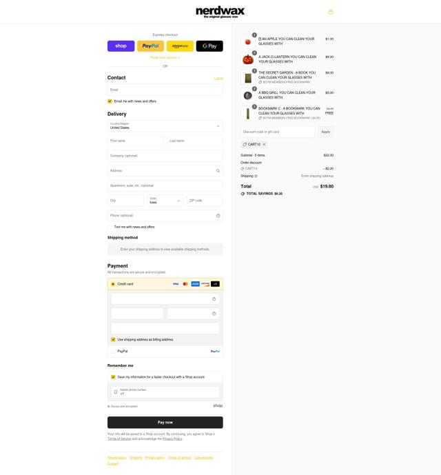 Nerdwax checkout page showing Nerdwax discount code box | Screenshot taken by SimplyCodes community member on Sep 6, 2025