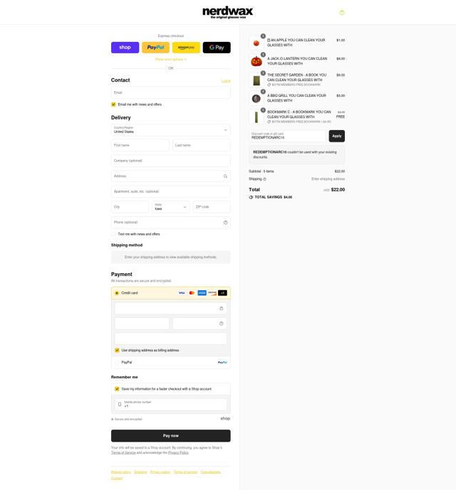 Nerdwax checkout page showing Nerdwax discount code box | Screenshot taken by SimplyCodes community member on Sep 6, 2025