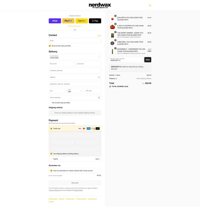 Nerdwax checkout page showing Nerdwax discount code box | Screenshot taken by SimplyCodes community member on Sep 6, 2025