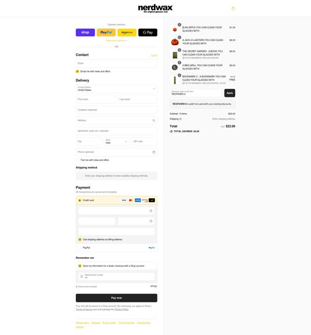 Nerdwax checkout page showing Nerdwax discount code box | Screenshot taken by SimplyCodes community member on Sep 6, 2025
