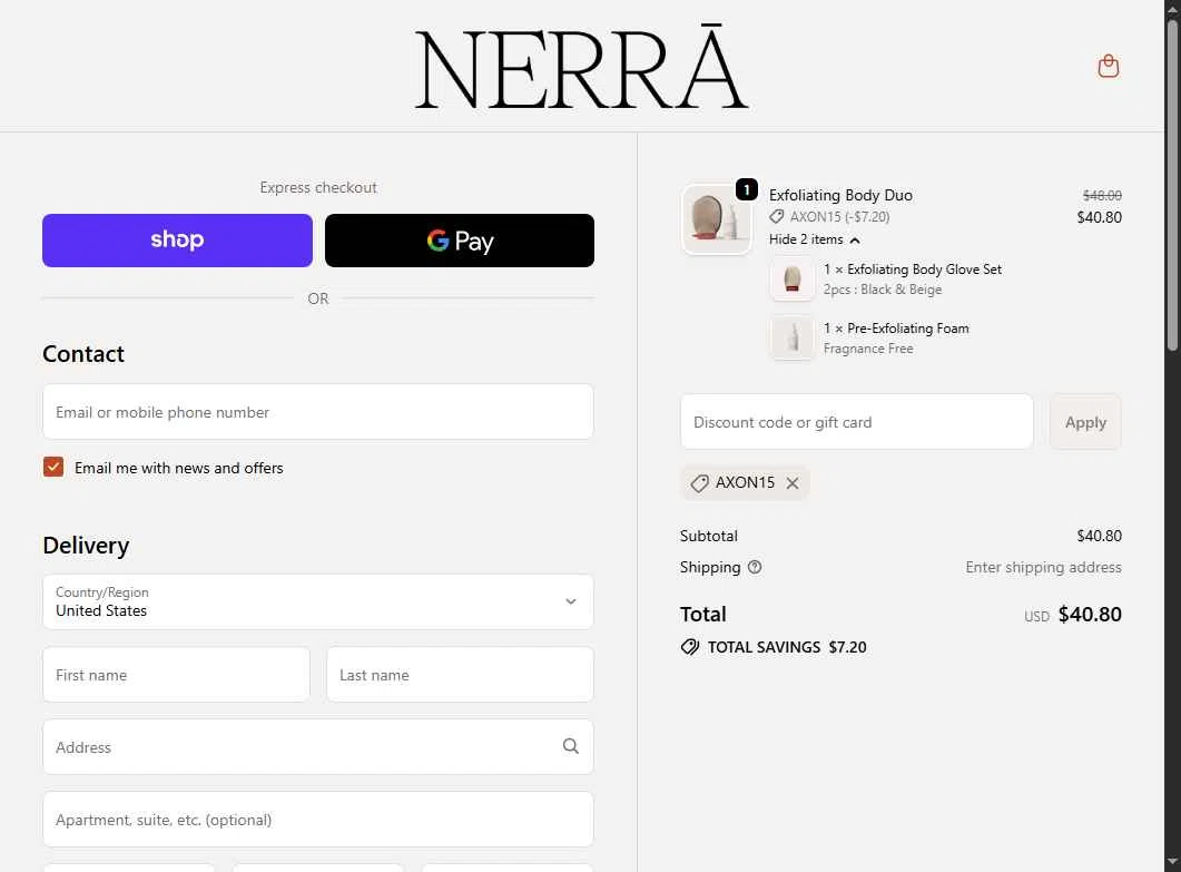 NERRĀ checkout page showing NERRĀ promo code box | Screenshot taken by SimplyCodes community member on Dec 10, 2025