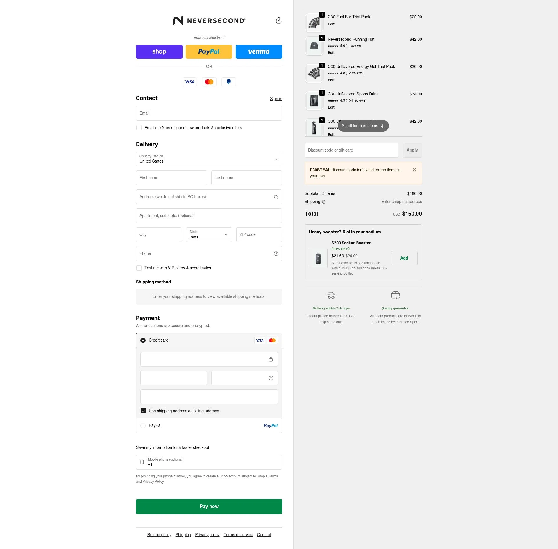 NEVERSECOND checkout page showing NEVERSECOND discount code box | Screenshot taken by SimplyCodes community member on Feb 10, 2026