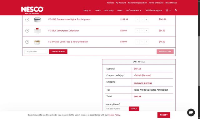 Nesco checkout page showing Nesco coupon code box | Screenshot taken by SimplyCodes community member on Jun 6, 2025