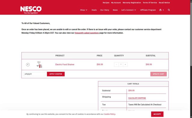 Nesco checkout page showing Nesco coupon code box | Screenshot taken by SimplyCodes community member on Jul 10, 2025