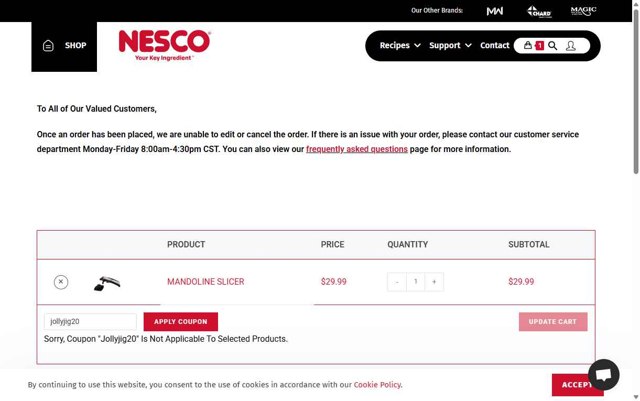 Nesco checkout page showing Nesco coupon code box | Screenshot taken by SimplyCodes community member on Aug 7, 2025