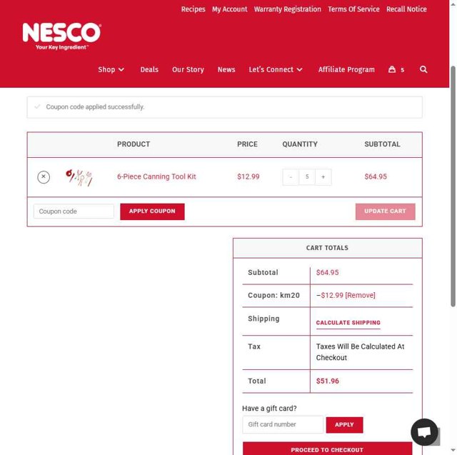 Nesco checkout page showing Nesco coupon code box | Screenshot taken by SimplyCodes community member on May 30, 2025