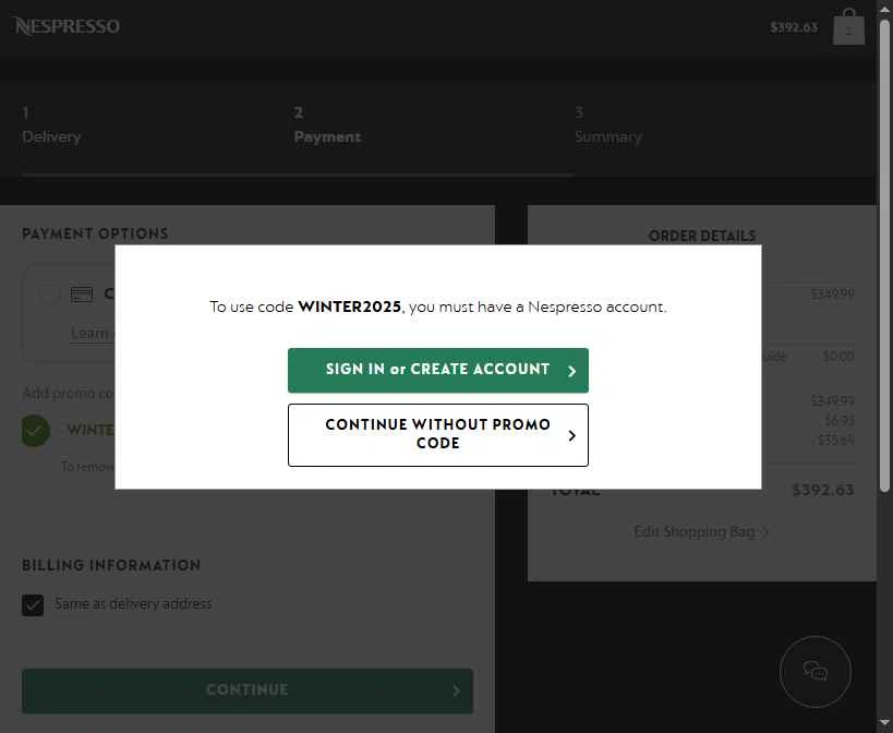 Nespresso checkout page showing Nespresso promo code box | Screenshot taken by SimplyCodes community member on Jan 25, 2026