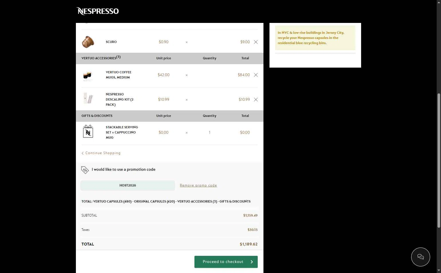 Nespresso checkout page showing Nespresso promo code box | Screenshot taken by SimplyCodes community member on Feb 5, 2026