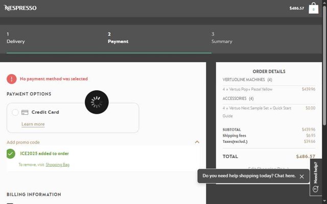 Nespresso checkout page showing Nespresso promo code box | Screenshot taken by SimplyCodes community member on Sep 2, 2025