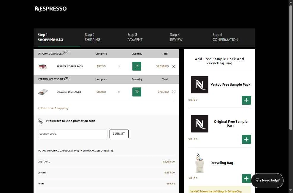 Nespresso checkout page showing Nespresso promo code box | Screenshot taken by SimplyCodes community member on Dec 5, 2025