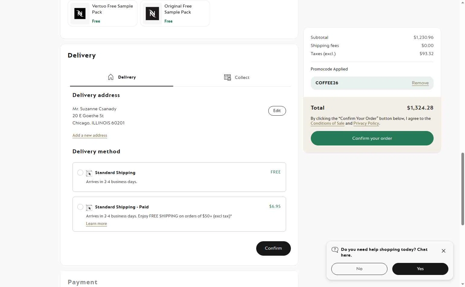 Nespresso checkout page showing Nespresso promo code box | Screenshot taken by SimplyCodes community member on Feb 19, 2026
