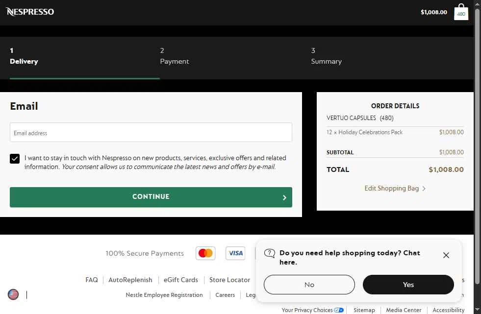 Nespresso checkout page showing Nespresso promo code box | Screenshot taken by SimplyCodes community member on Dec 16, 2025