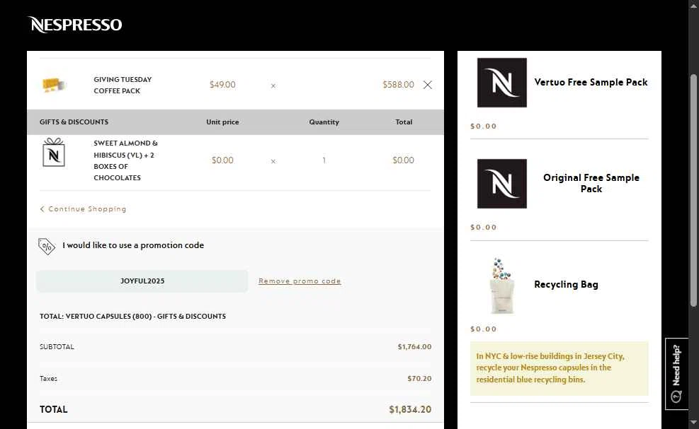 Nespresso checkout page showing Nespresso promo code box | Screenshot taken by SimplyCodes community member on Dec 4, 2025