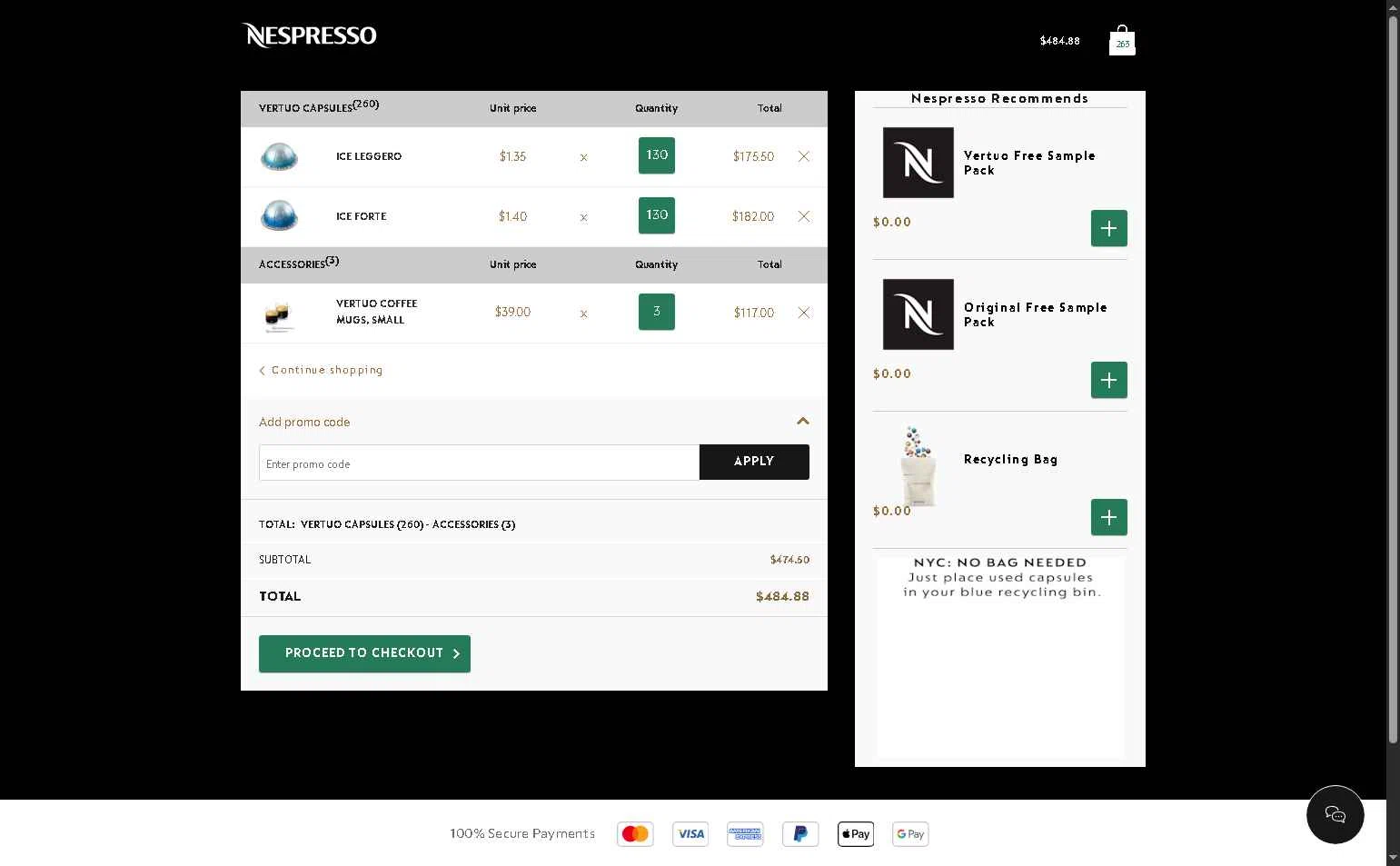 Nespresso checkout page showing Nespresso promo code box | Screenshot taken by SimplyCodes community member on Jan 7, 2026