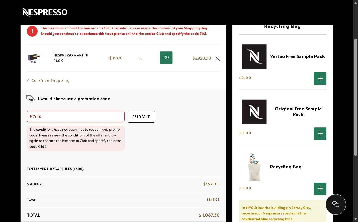 Nespresso checkout page showing Nespresso promo code box | Screenshot taken by SimplyCodes community member on Jan 29, 2026