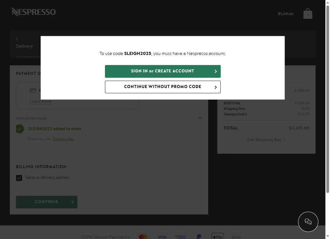 Nespresso checkout page showing Nespresso promo code box | Screenshot taken by SimplyCodes community member on Dec 13, 2025