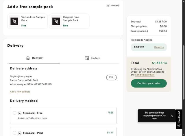 Nespresso checkout page showing Nespresso promo code box | Screenshot taken by SimplyCodes community member on Sep 9, 2025