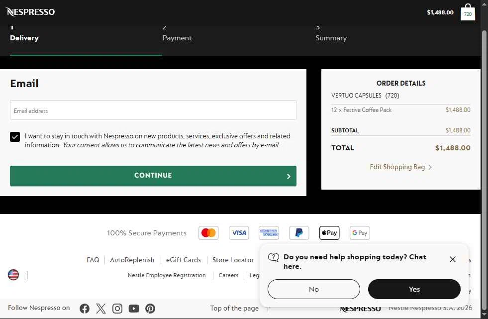 Nespresso checkout page showing Nespresso promo code box | Screenshot taken by SimplyCodes community member on Feb 16, 2026