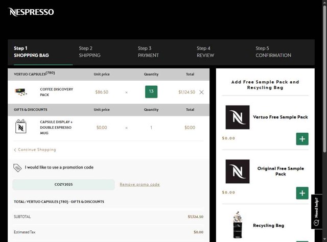 Nespresso checkout page showing Nespresso promo code box | Screenshot taken by SimplyCodes community member on Aug 29, 2025