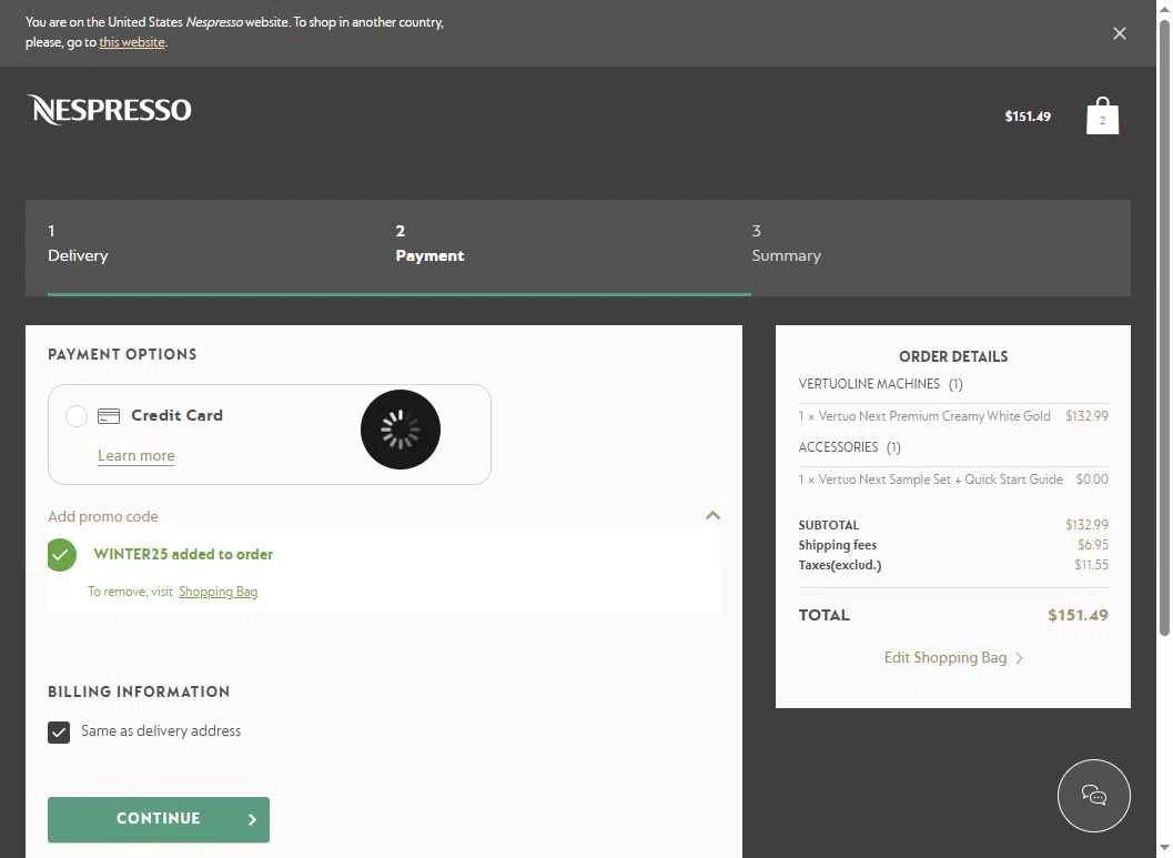 Nespresso checkout page showing Nespresso promo code box | Screenshot taken by SimplyCodes community member on Jan 28, 2026